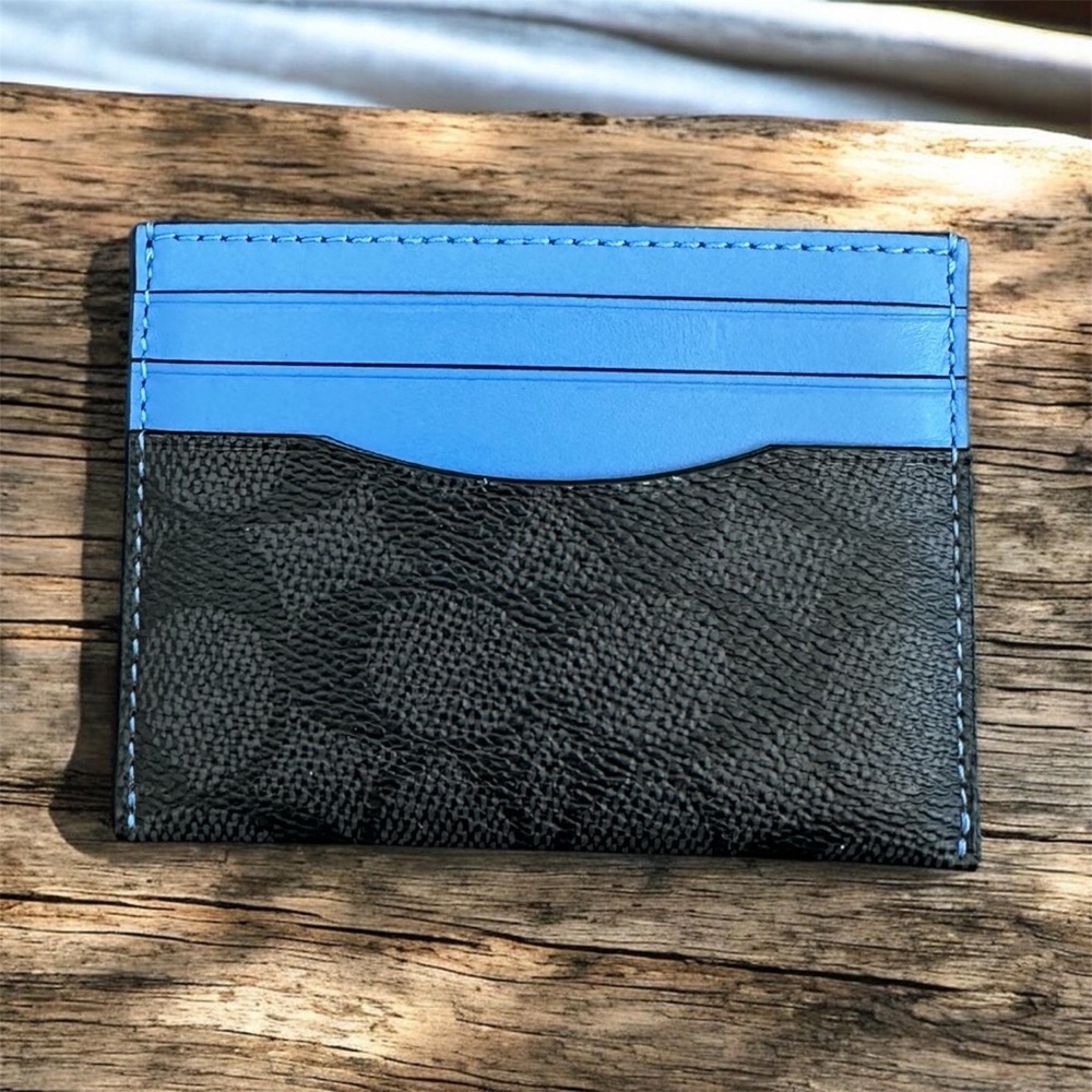 Coach Black Textured Leather Card Holder with Blue Accents